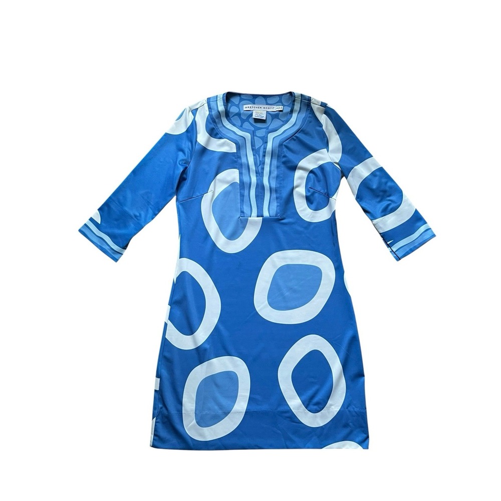 Gretchen Scott Split Neck Shift Dress Blue Geometric Print, Size Small